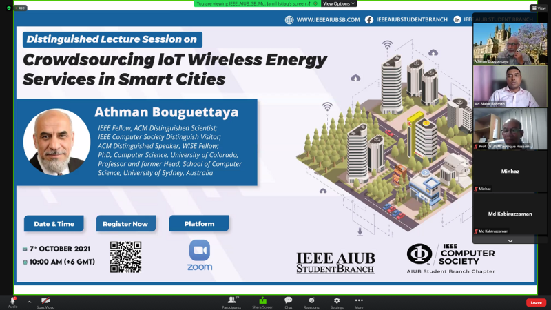 IEEE AIUB Student Branch organized a Distinguished Lecture Session on “Crowdsourcing IoT Wireless Energy Services in Smart Cities”