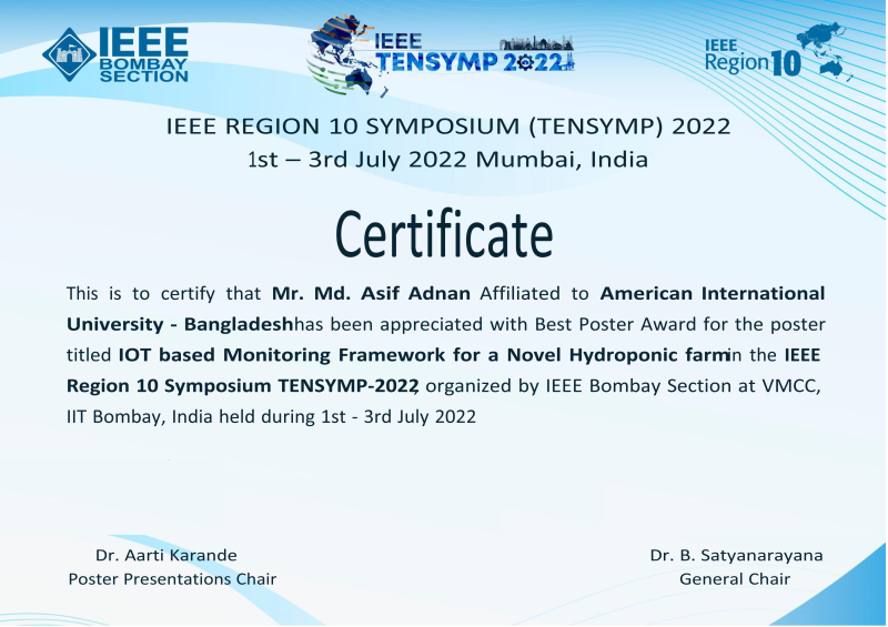 EEE Students wins Best Poster Award in the IEEE Region 10 Symposium (TENSYMP-2022)